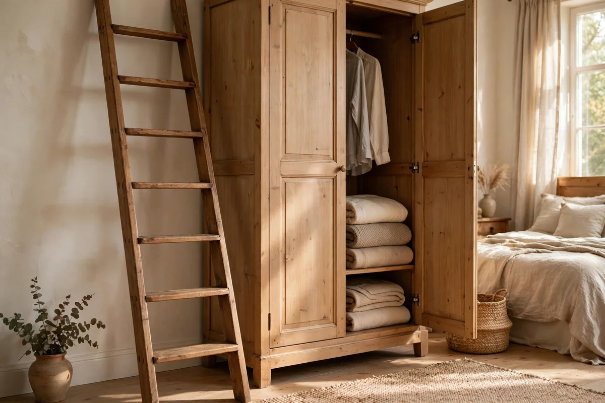 Wide wooden ladder with folded throws in a master bedroom