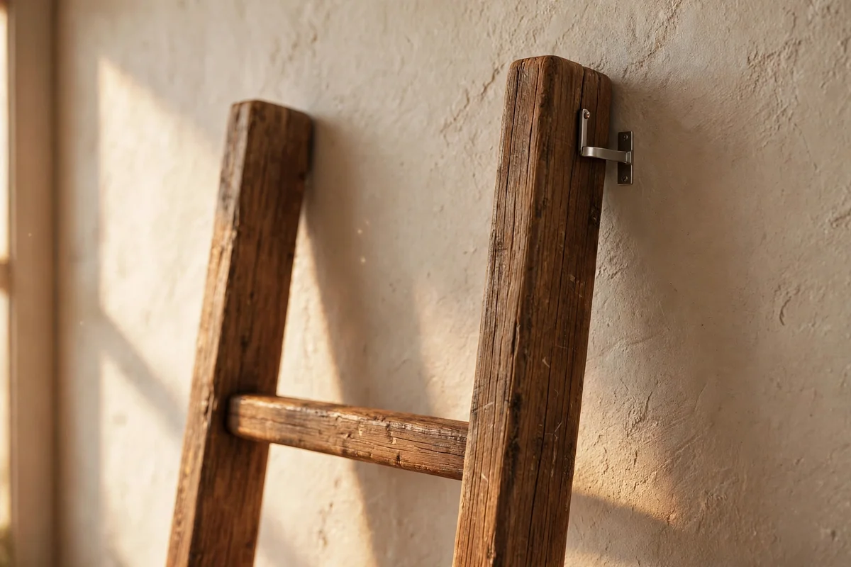 Wooden blanket ladder secured to the wall with a small L bracket