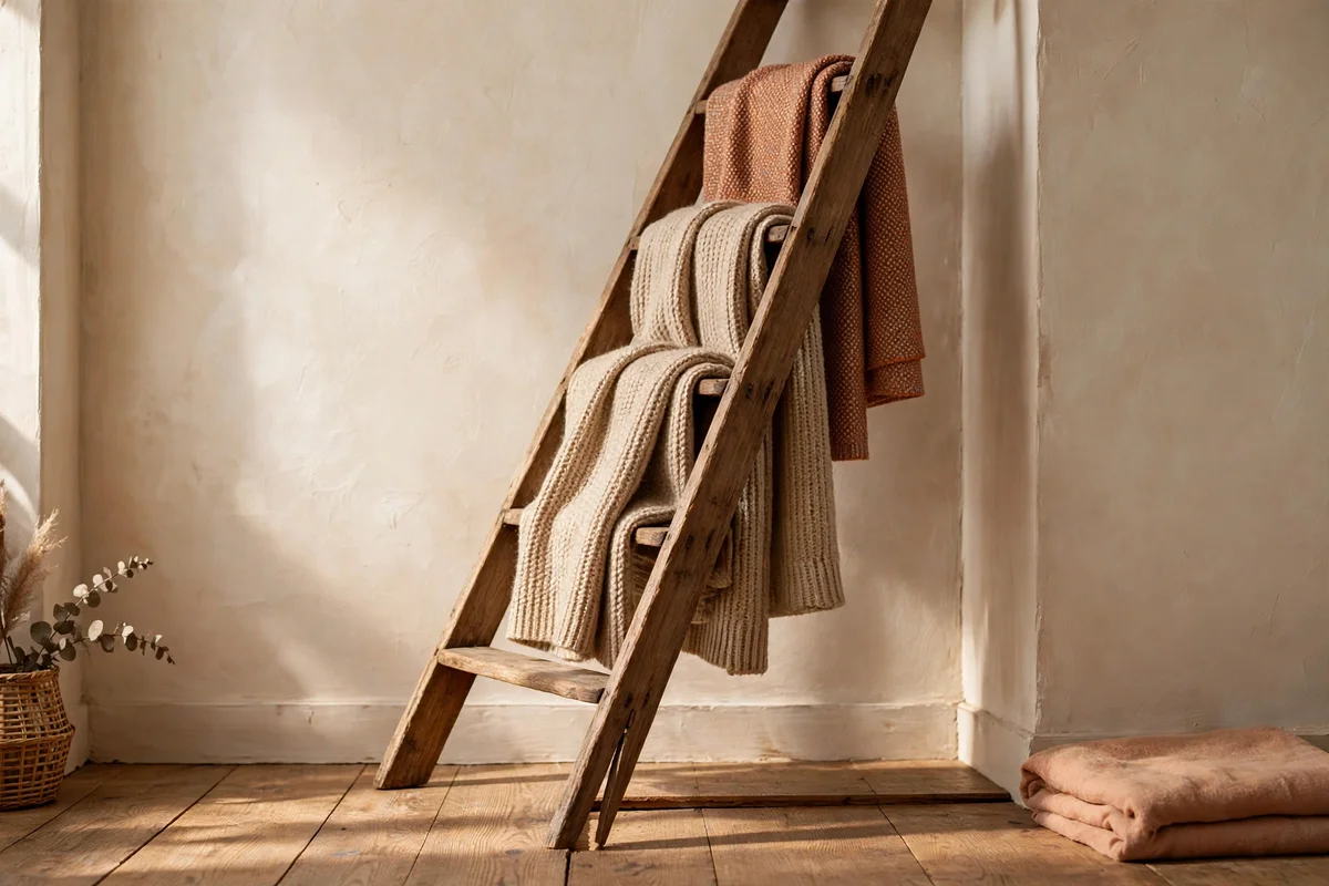 Side view of a ladder leaning at a stable angle with throws