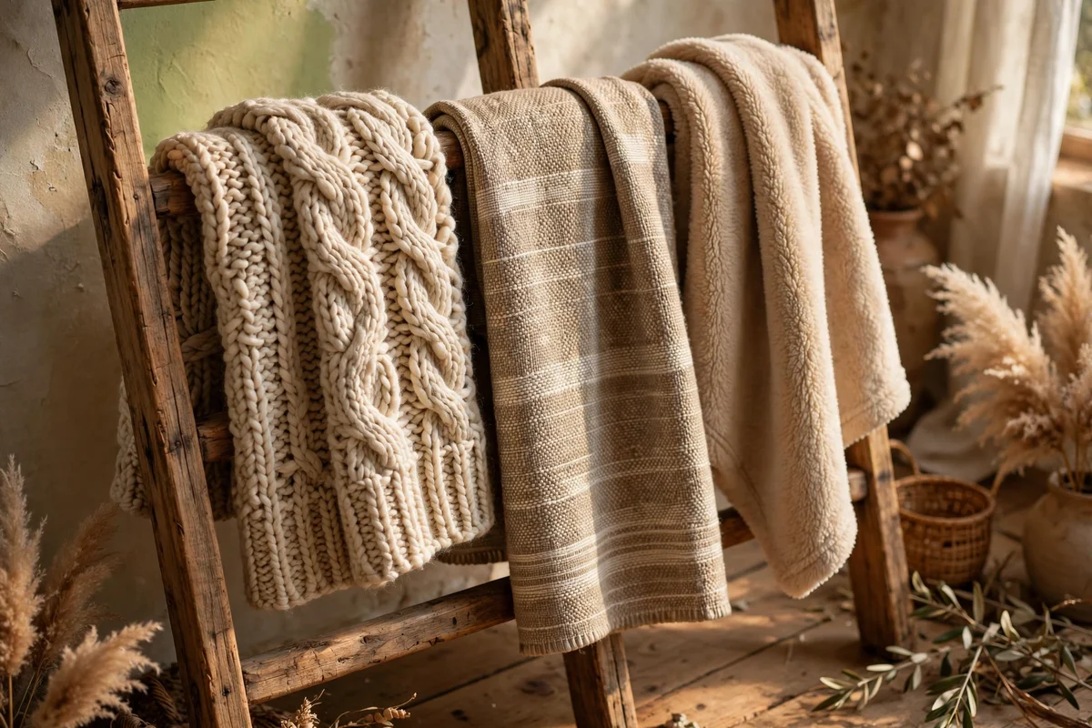 Ladder displaying mixed throw textures of knit, weave and fleece