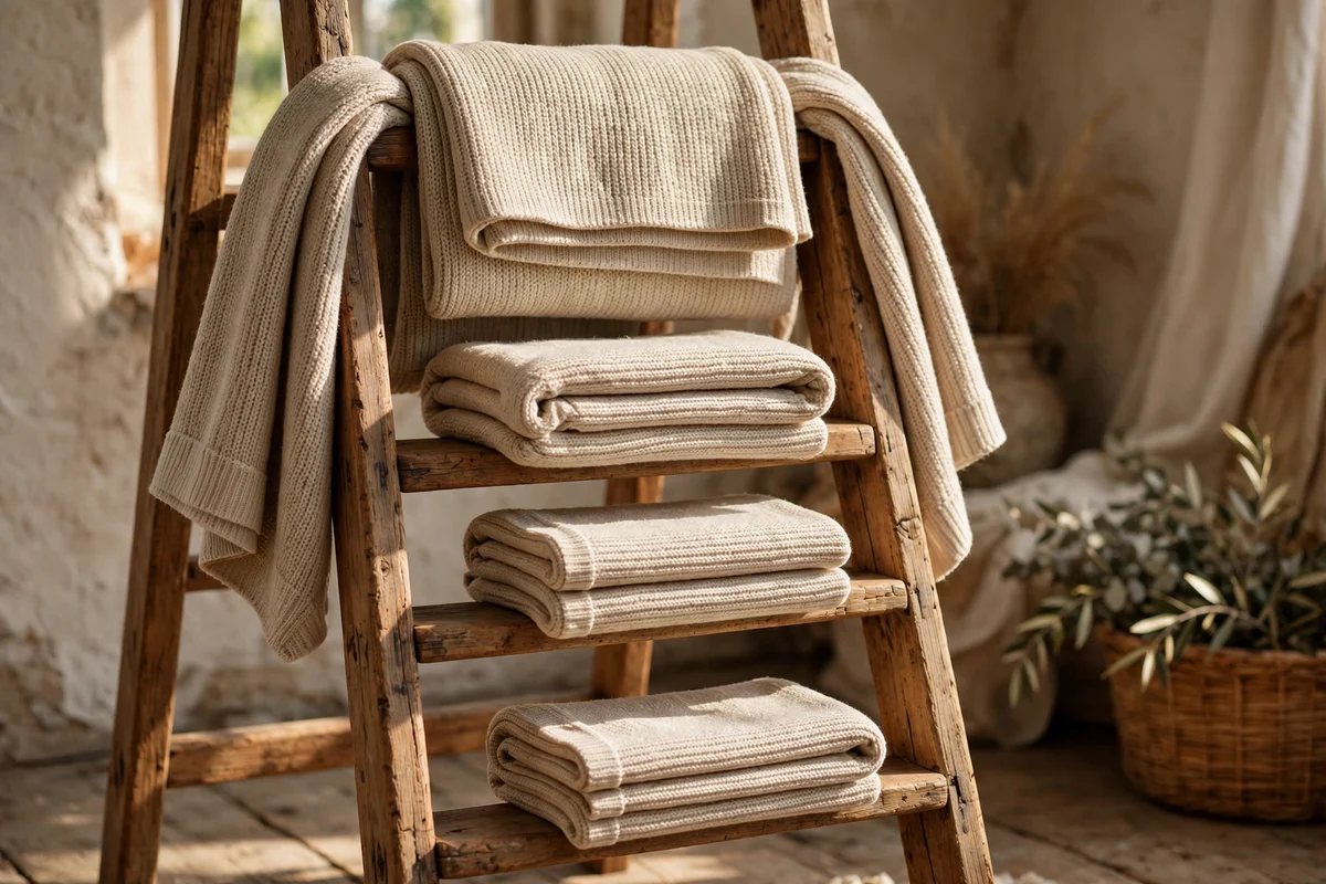Throw folded in thirds draped over a wooden ladder rung