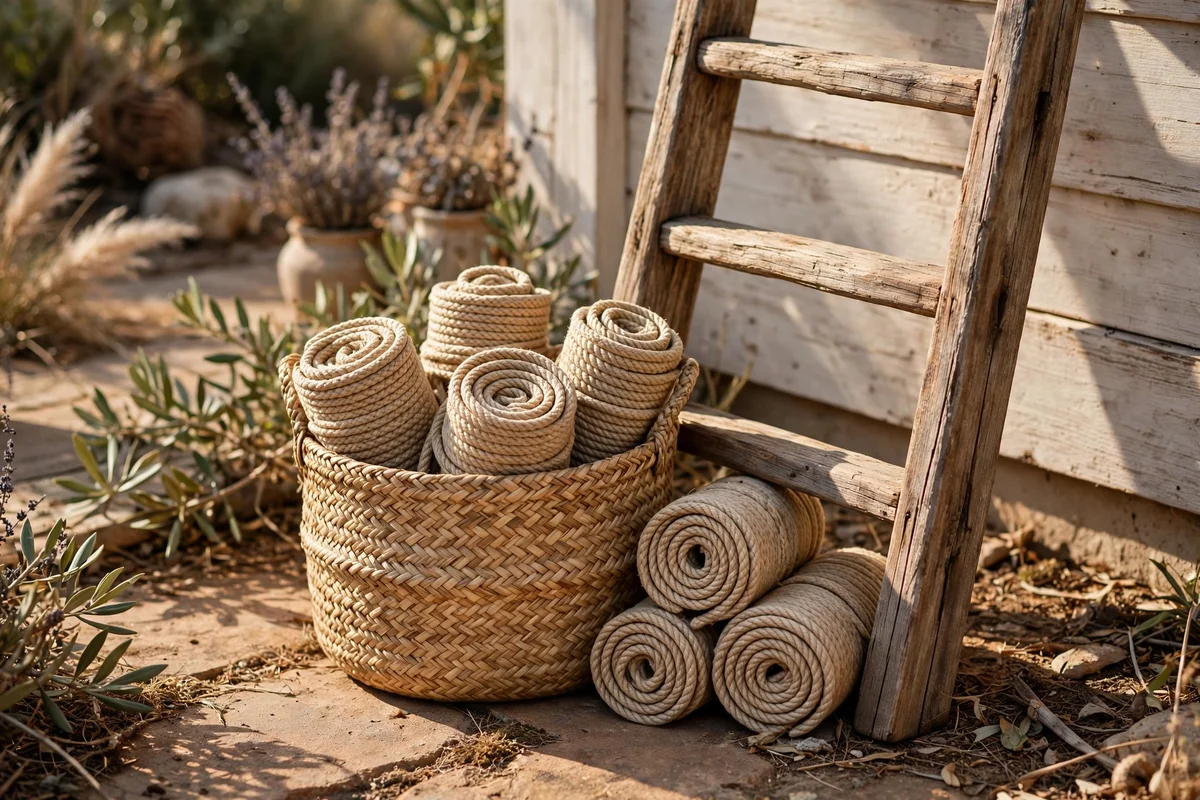 Seagrass basket of rolled throws beside a wooden ladder base