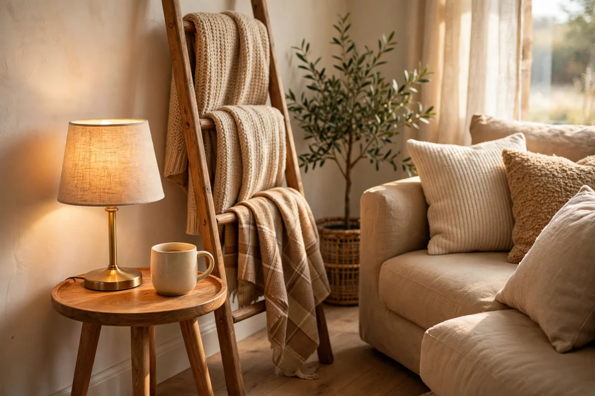 Side table with lamp and mug beside a wooden throw ladder