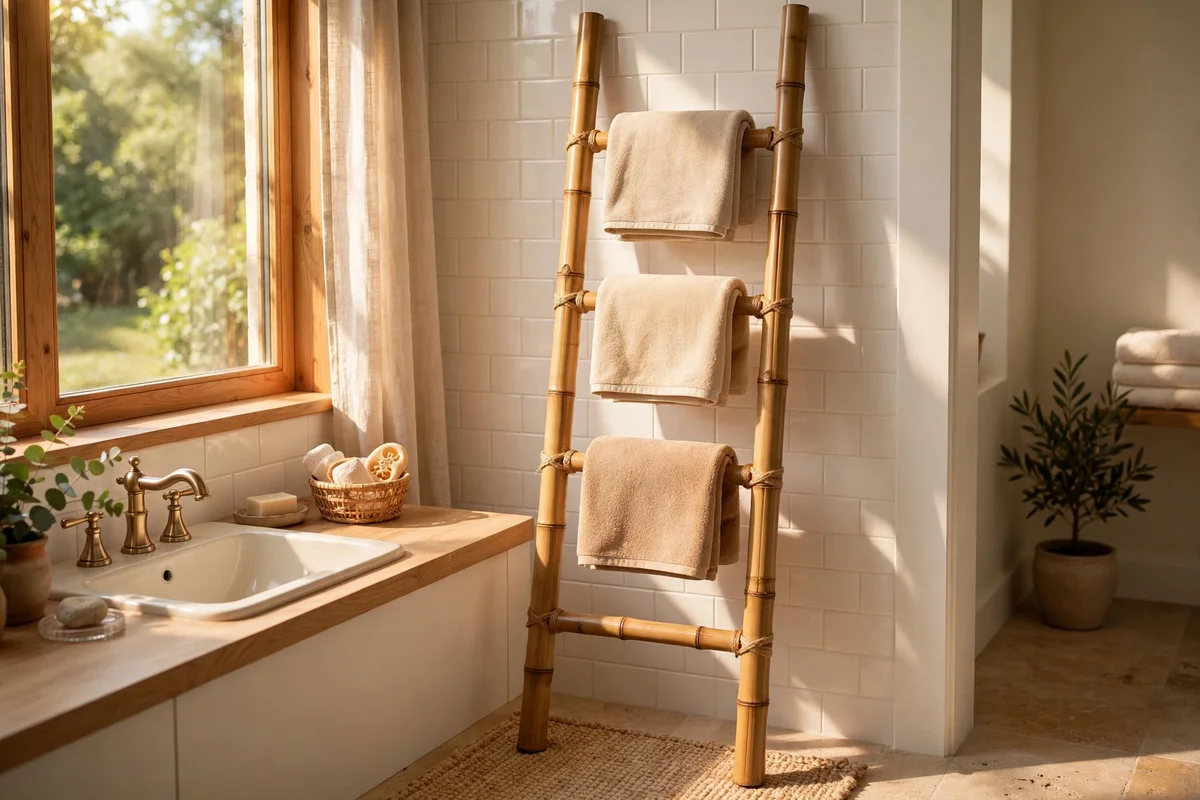 Bamboo ladder holding folded guest towels in a bathroom