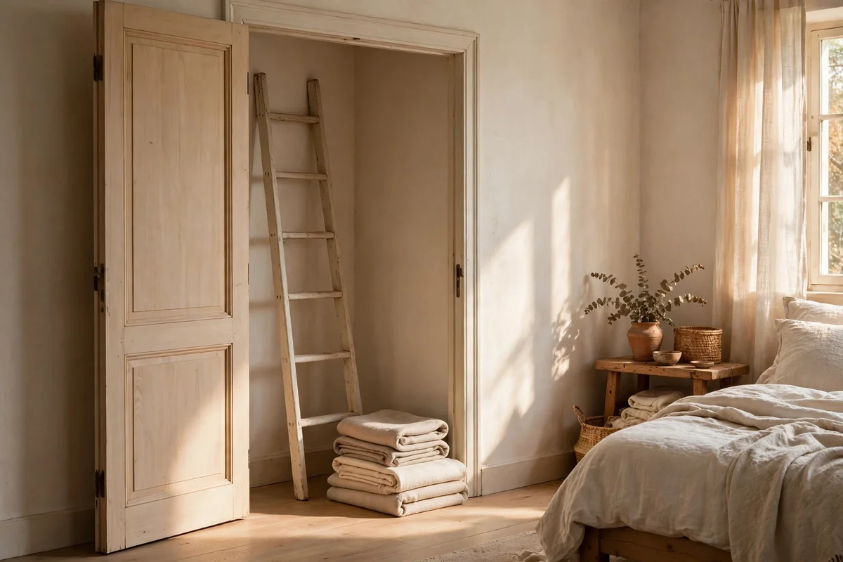 Wooden ladder with spare throws tucked behind a bedroom door