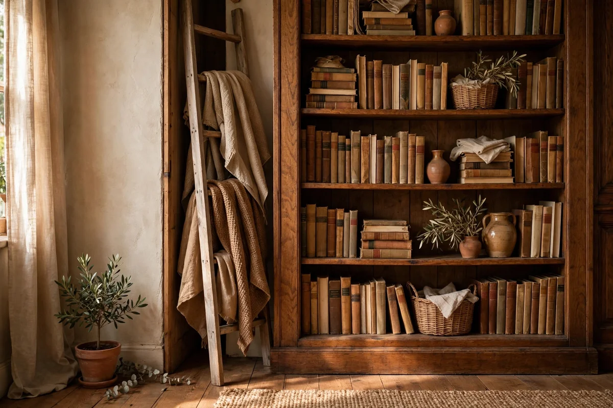 Narrow ladder with throws in the gap beside a bookcase