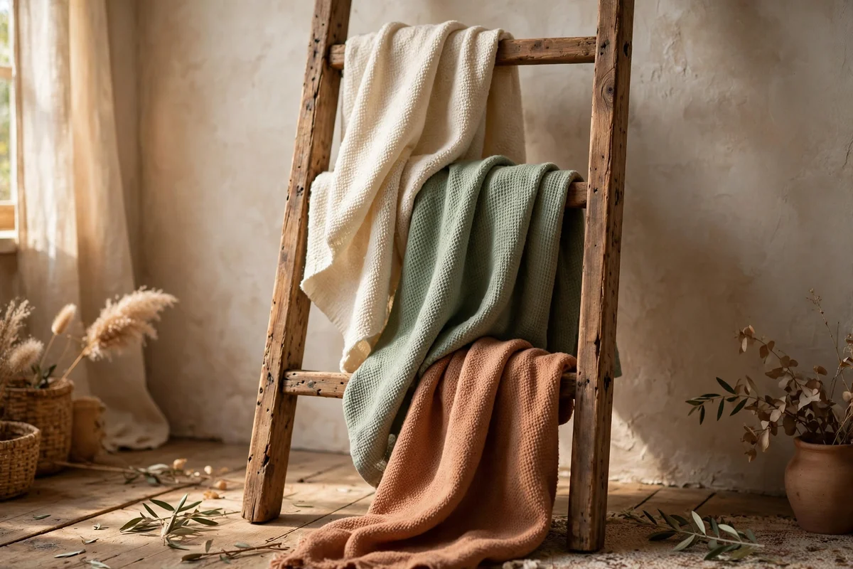 Ladder with cream, sage and terracotta throws in calm order