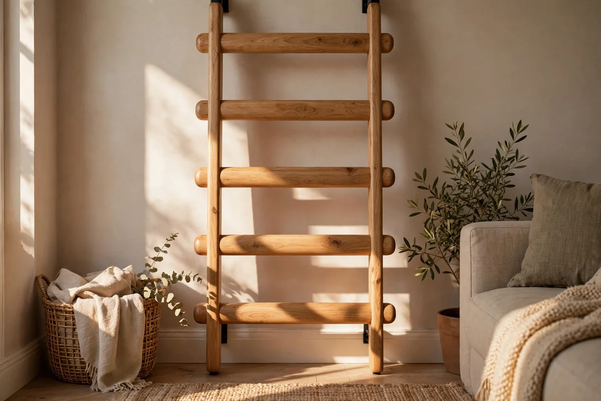 Ladder with rounded rungs fixed to the wall with throws in reach