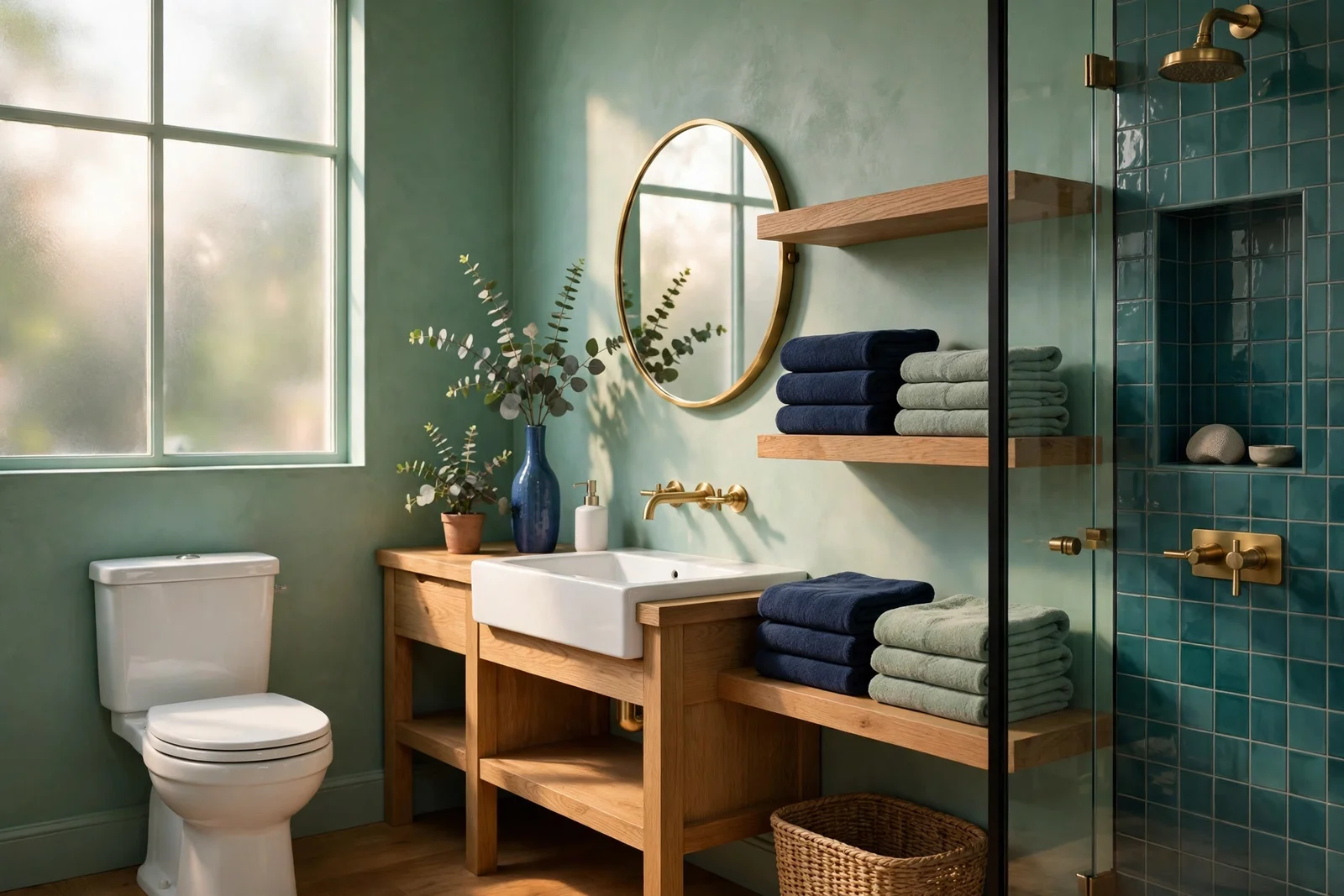Serene bathroom with sea glass green walls, teal tile niche, brass taps and eucalyptus decor