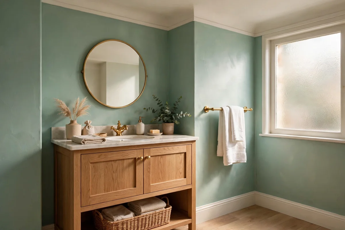 Bathroom walls painted in soft sea glass green with warm white ceiling and oak accessories