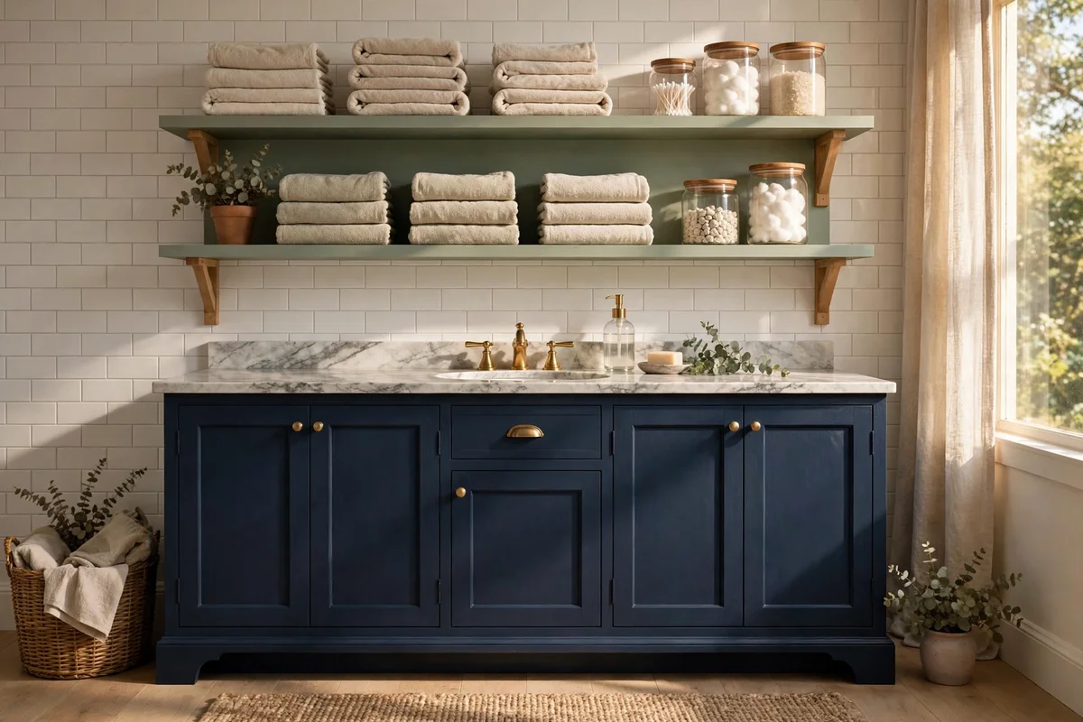 Navy bathroom vanity with sage open shelves holding folded towels and glass jars