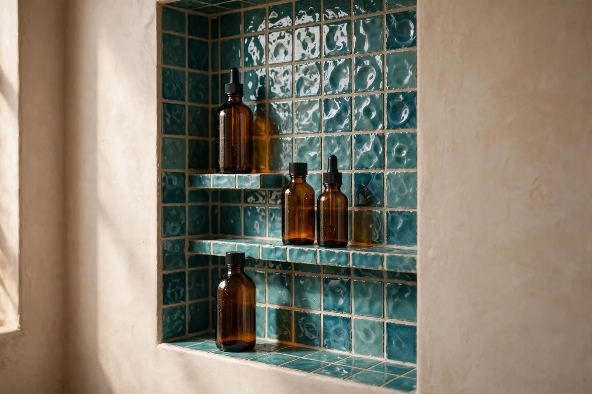 Shower niche lined with handmade teal zellige tiles holding bottles in soft light