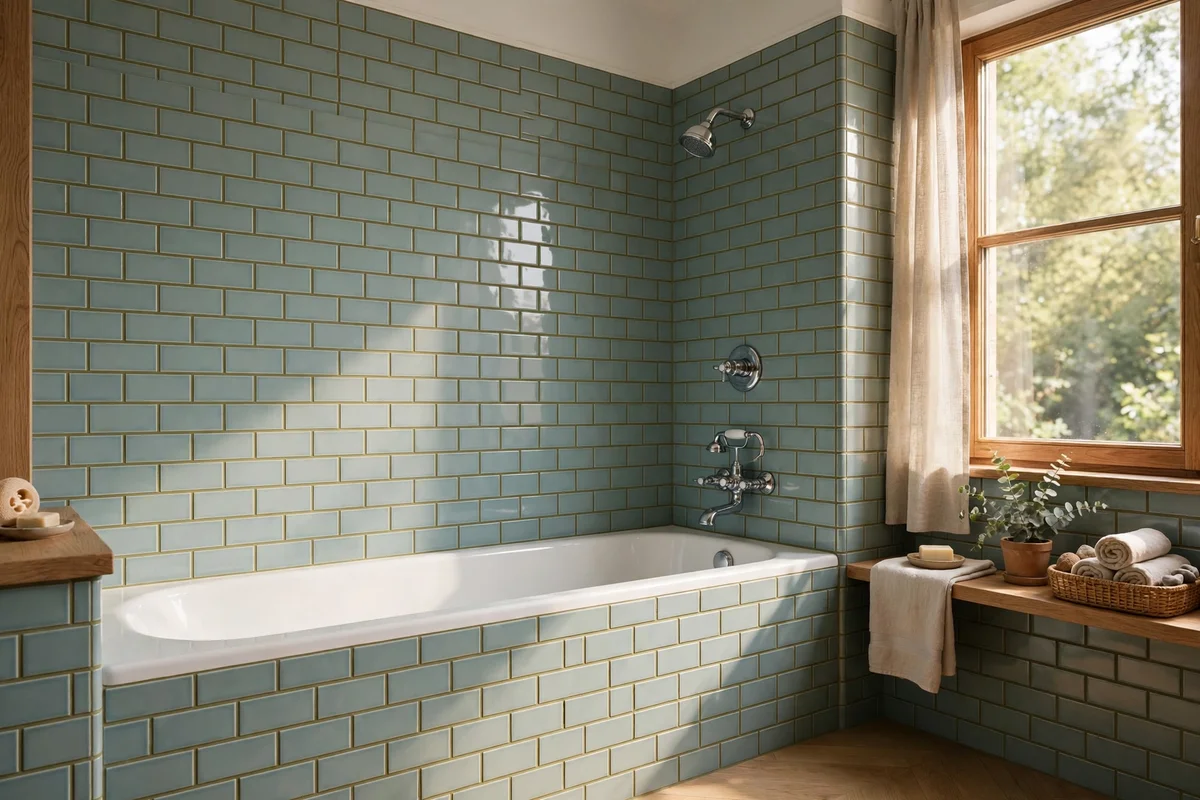 Tub surround tiled in duck egg subway tile with soft olive grout to the ceiling