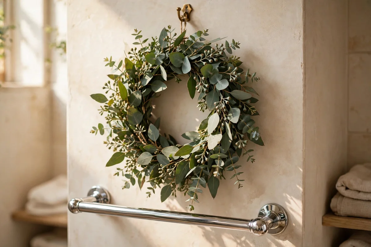 Fresh eucalyptus wreath hanging on a brass hook above a bathroom towel rail