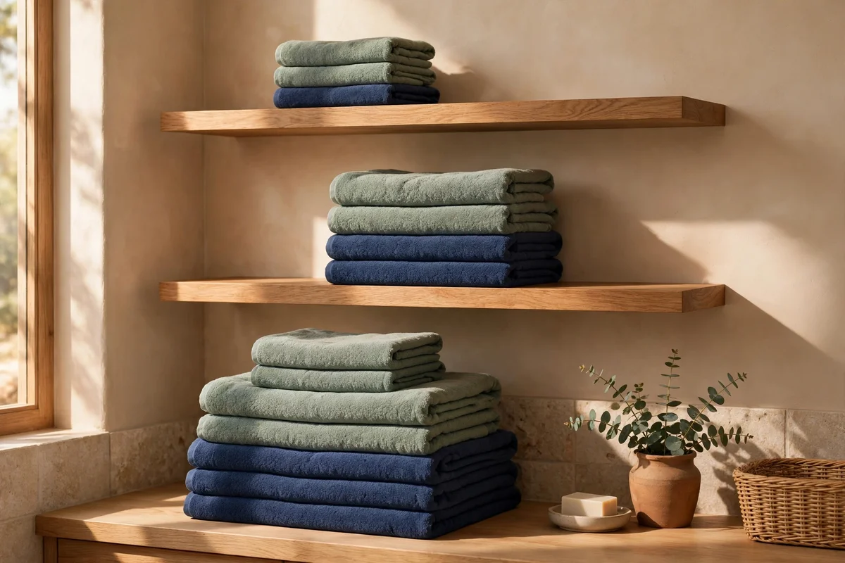 Graduated stacks of navy and sage folded towels on open bathroom shelves