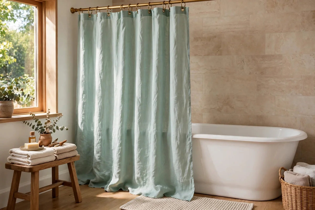 Soft mint washed linen shower curtain with brass rings beside a white tub