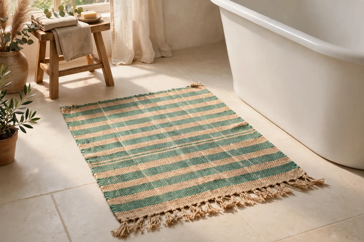 Flatweave bath mat in sea glass and warm sand beside a white bathtub