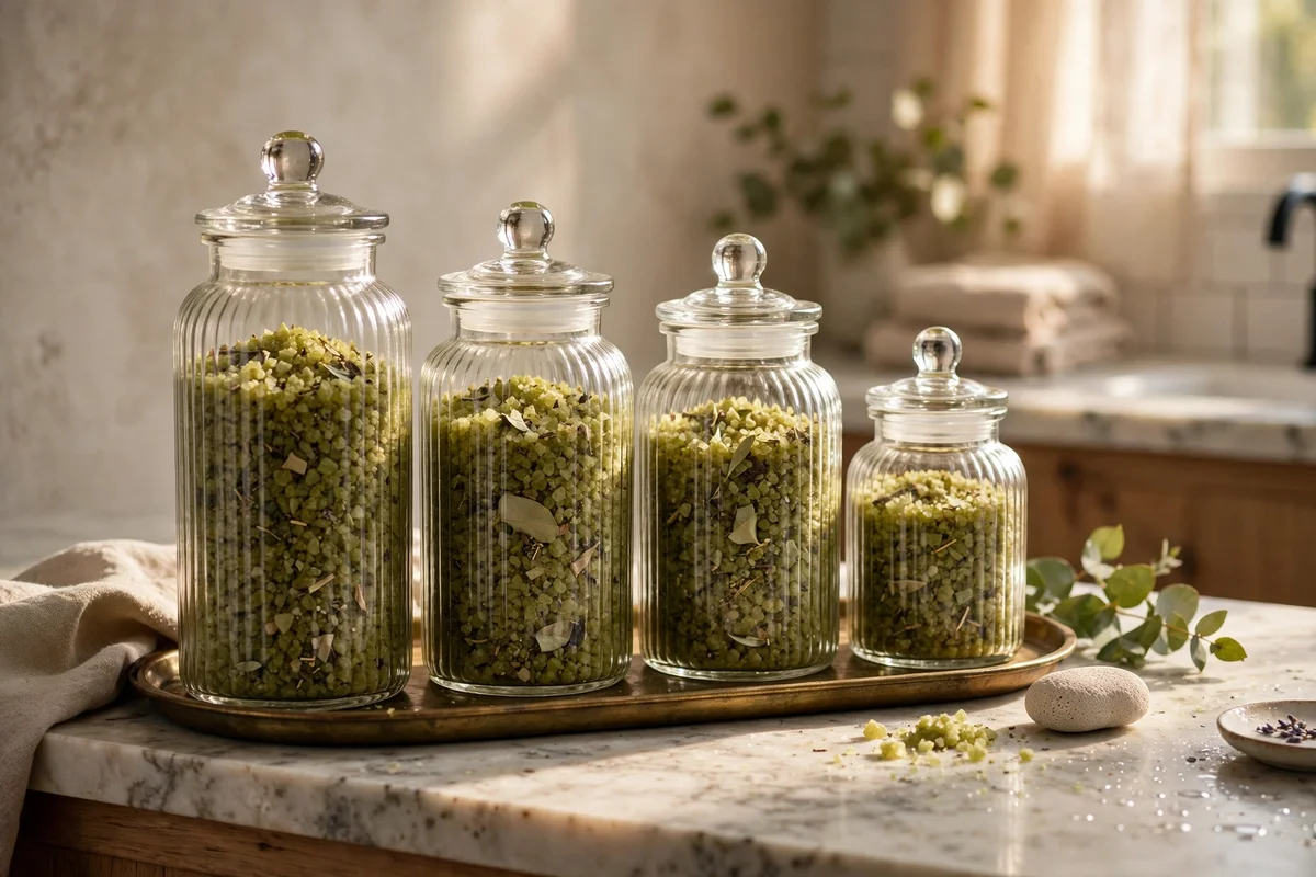 Ribbed glass jars filled with olive green bath salts on a bathroom counter tray