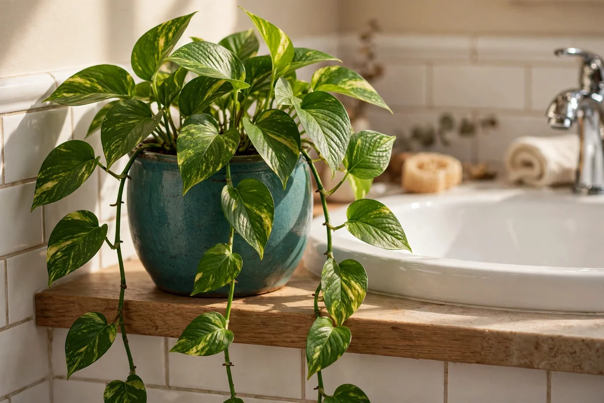Trailing pothos plant in a teal ceramic pot beside a bathroom basin