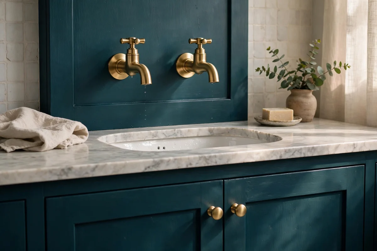 Brushed brass taps mounted on deep teal bathroom vanity doors