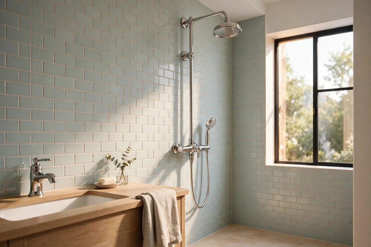 Polished chrome taps and shower fittings on pale duck egg wall tiles