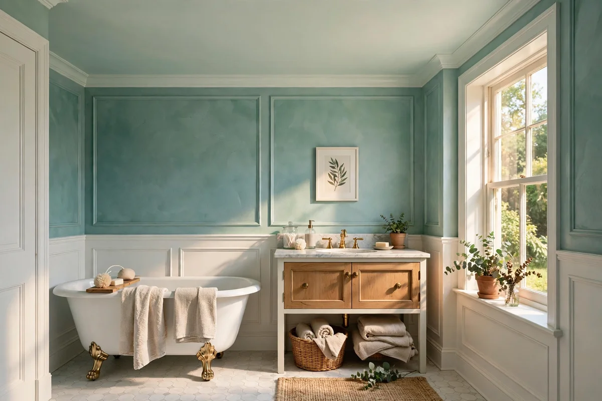 Bathroom ceiling painted in pale whisper mint above sea glass green walls