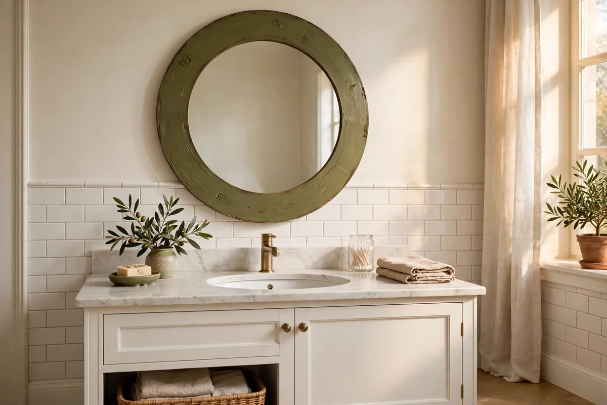 Round oak mirror with hand painted olive frame above a bathroom vanity