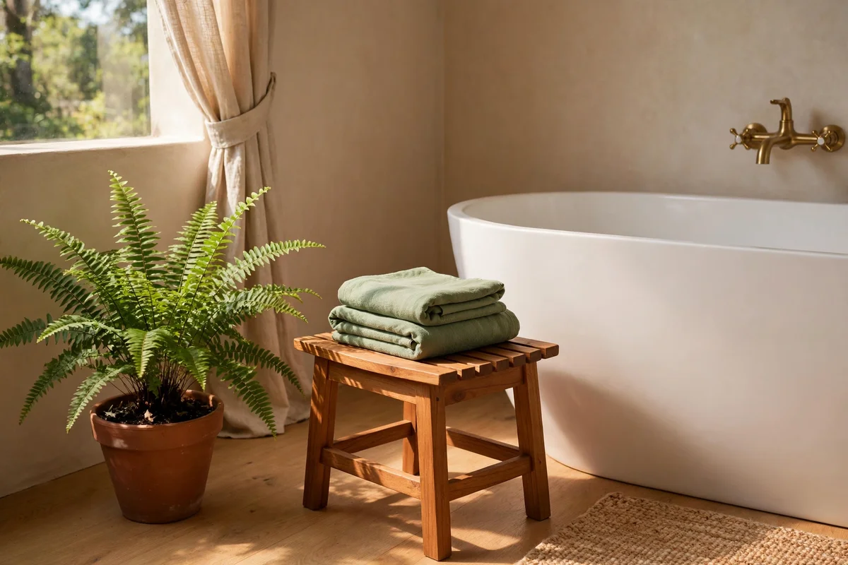 Wooden stool with Boston fern pot and folded green towels beside a bathtub