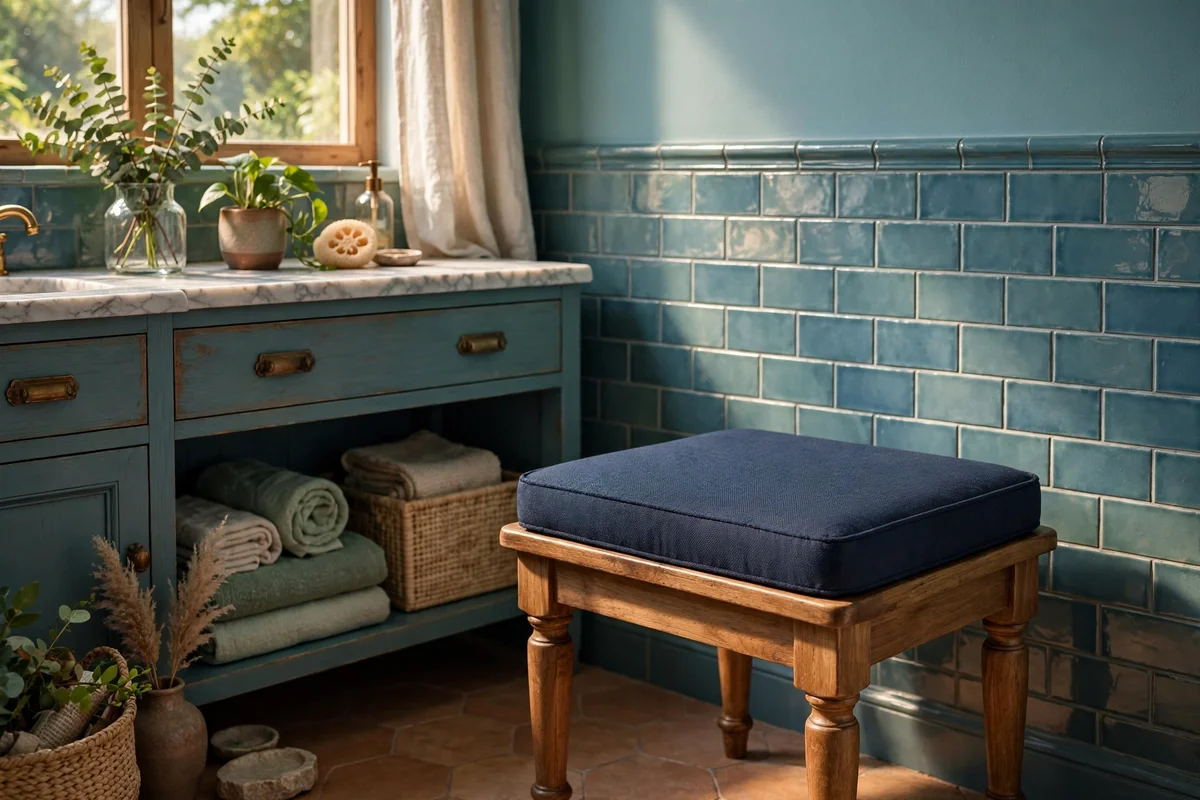 Navy outdoor fabric cushion on a wooden vanity stool in a blue bathroom