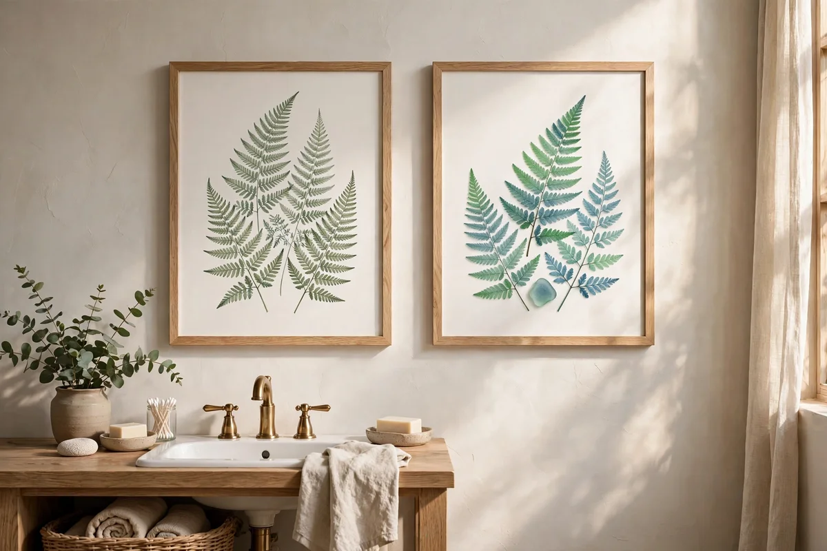 Two framed fern prints in sage and sea glass tones on a bathroom wall