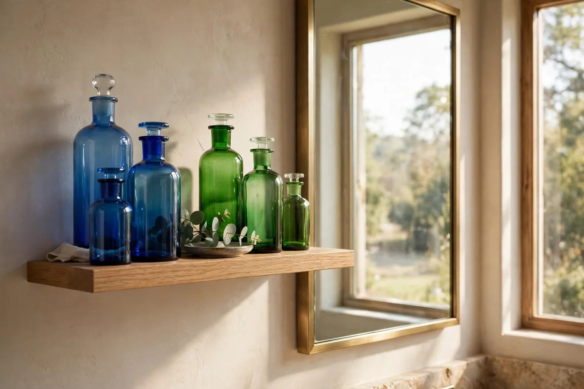Slim floating shelf with blue and green apothecary bottles beside a bathroom mirror