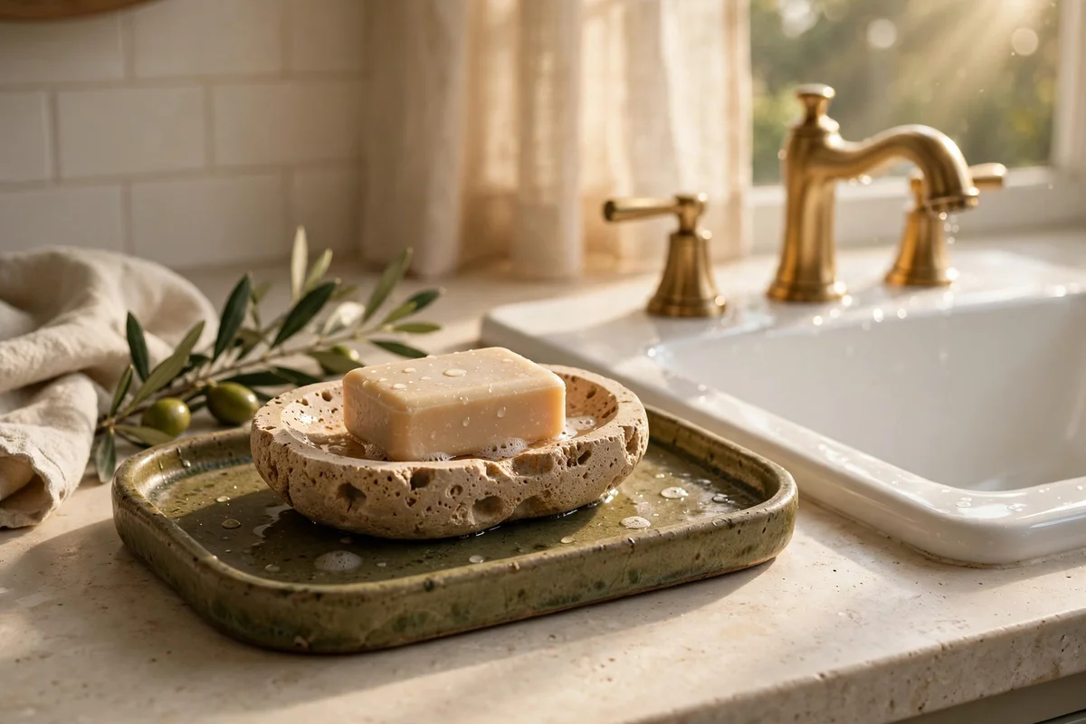 Stone soap dish on an olive ceramic tray beside a bathroom sink