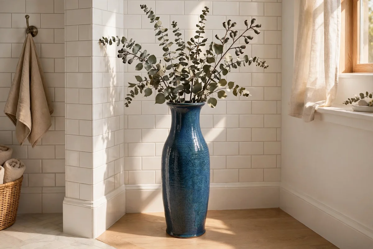 Tall blue ceramic vase with preserved eucalyptus stems in a bathroom corner