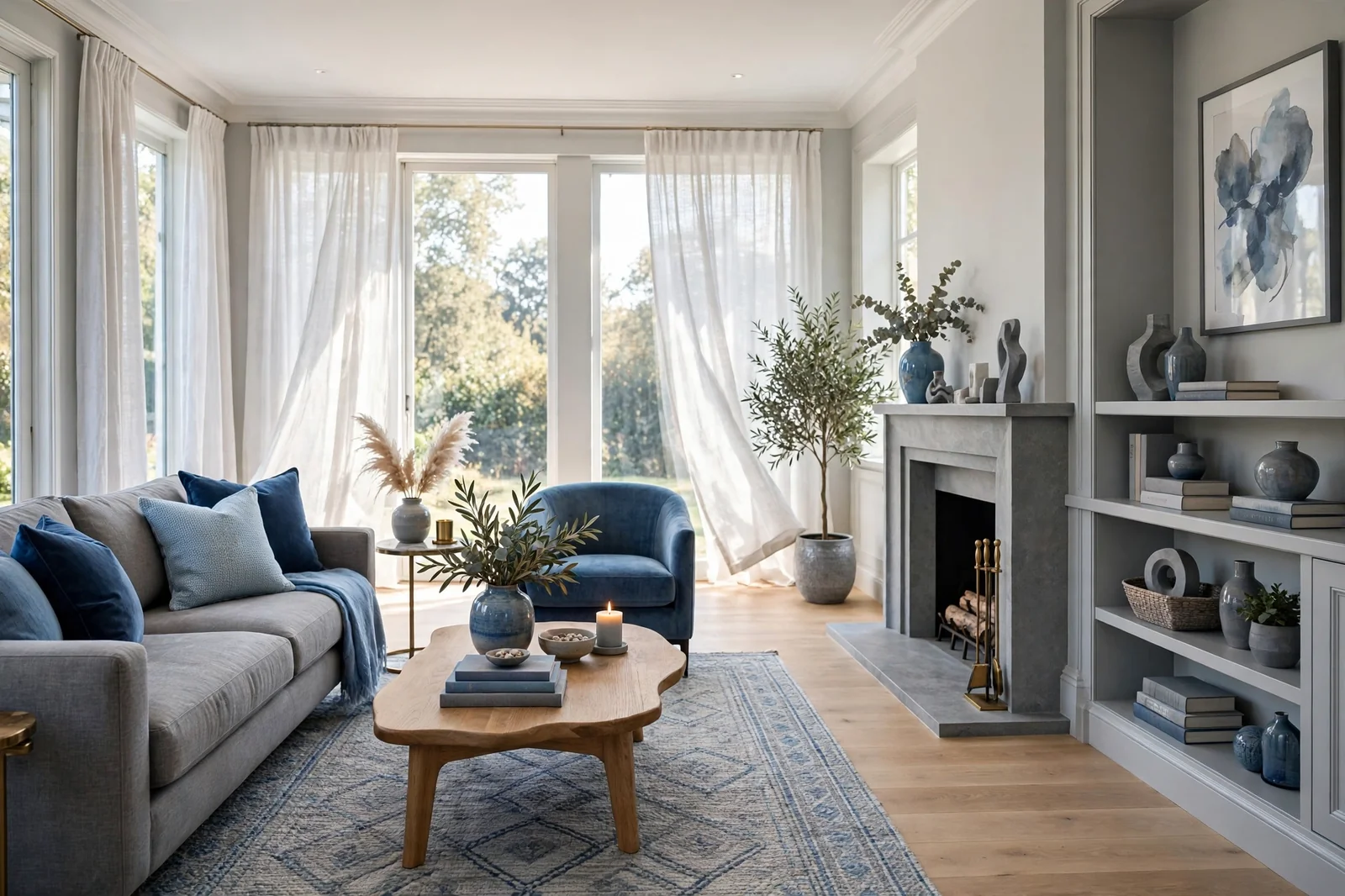 Wide view of a beautiful living room combining blue and grey, elegant and bright