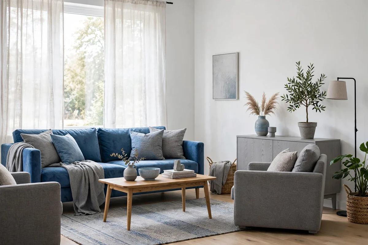 Bright living room with white background and blue and grey furniture