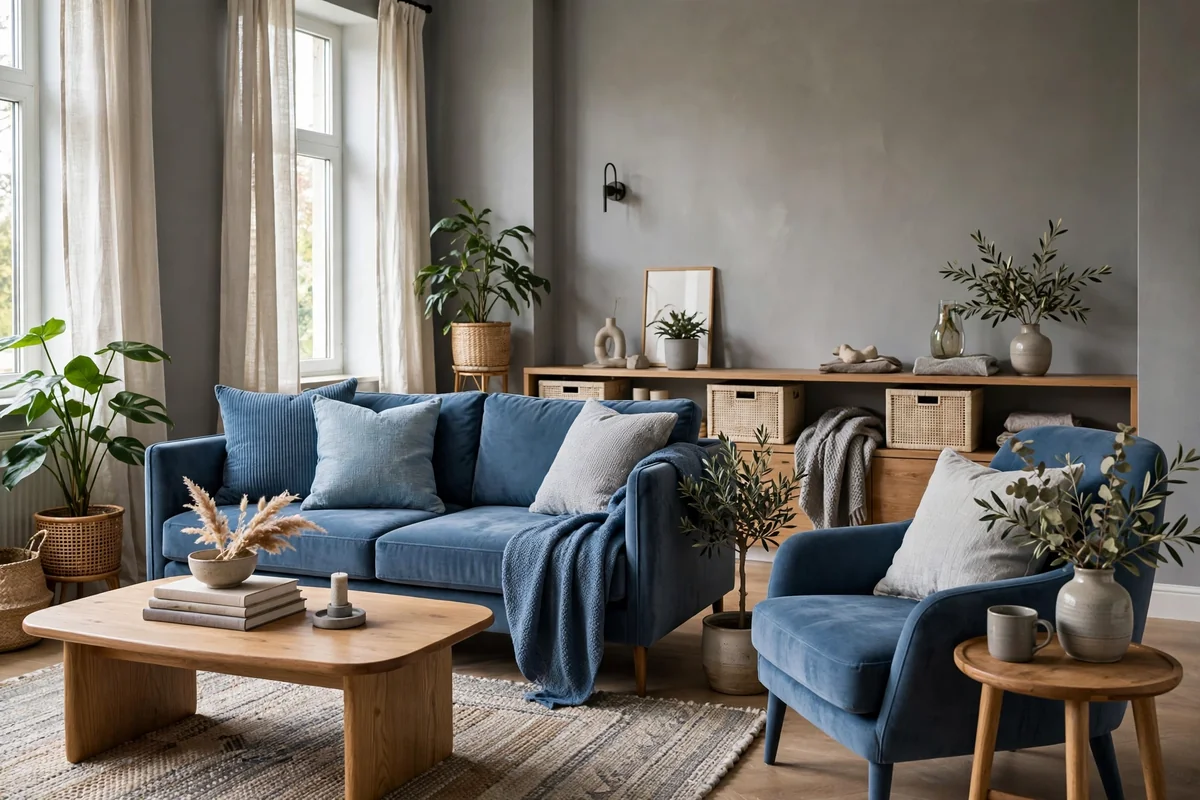 Living room with soft grey walls and blue accent furniture
