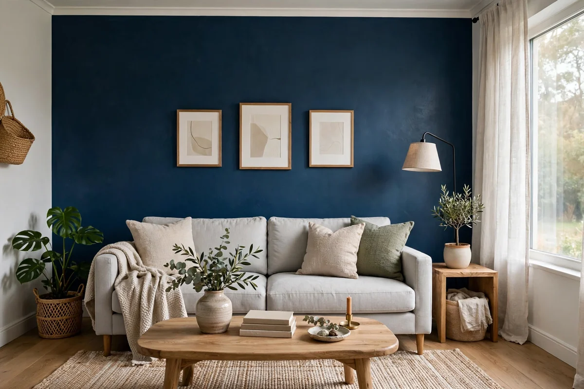 Living room with a deep blue feature wall and light grey sofa