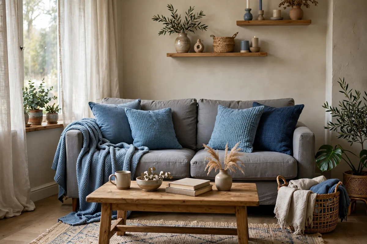 Grey sofa styled with blue cushions and throw, cozy living room