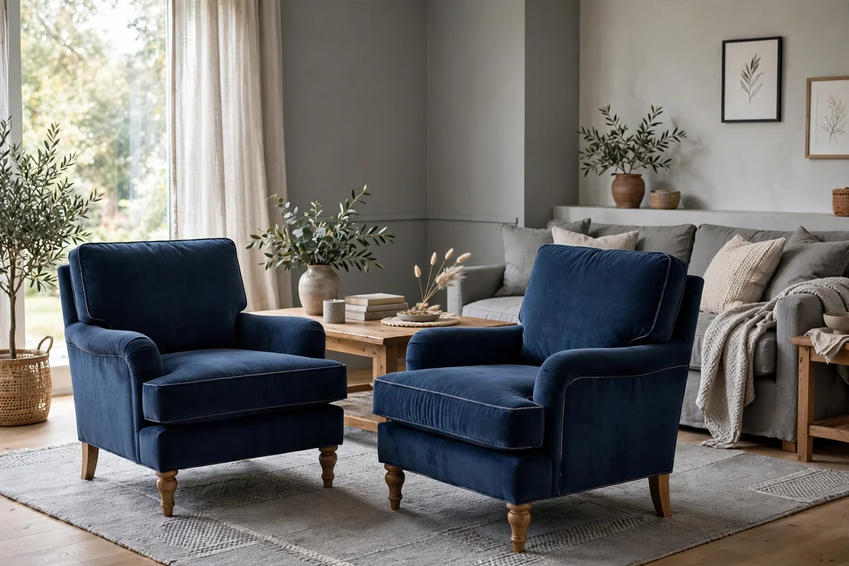 Pair of navy blue armchairs anchoring a grey living room