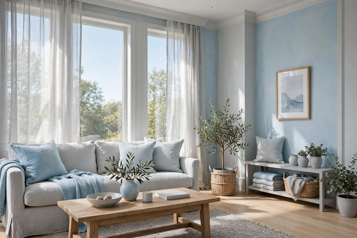 Airy living room in sky blue and pale grey, calm and light