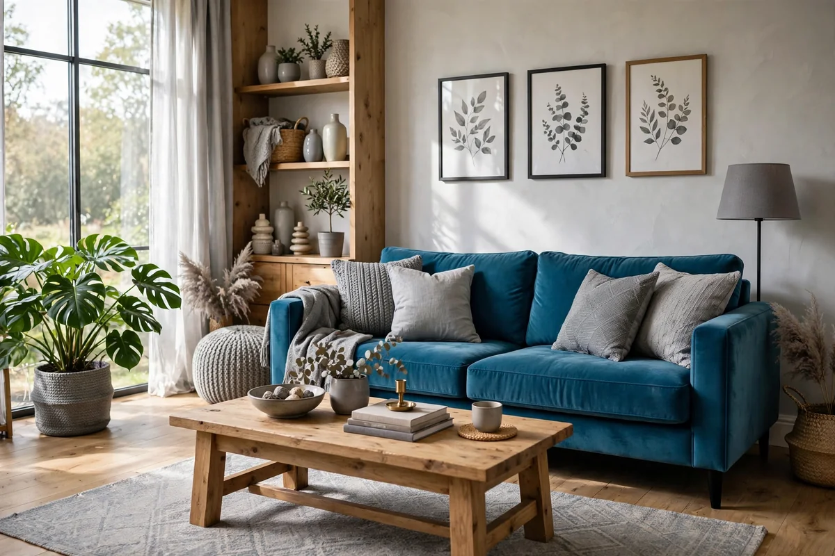 Living room with teal blue sofa and grey accents, lively