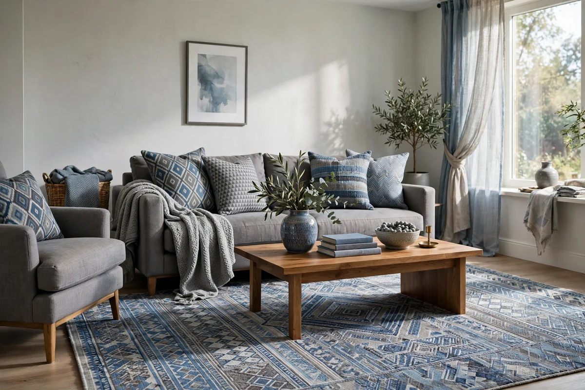 Living room mixing blue and grey patterns, cushions and rug