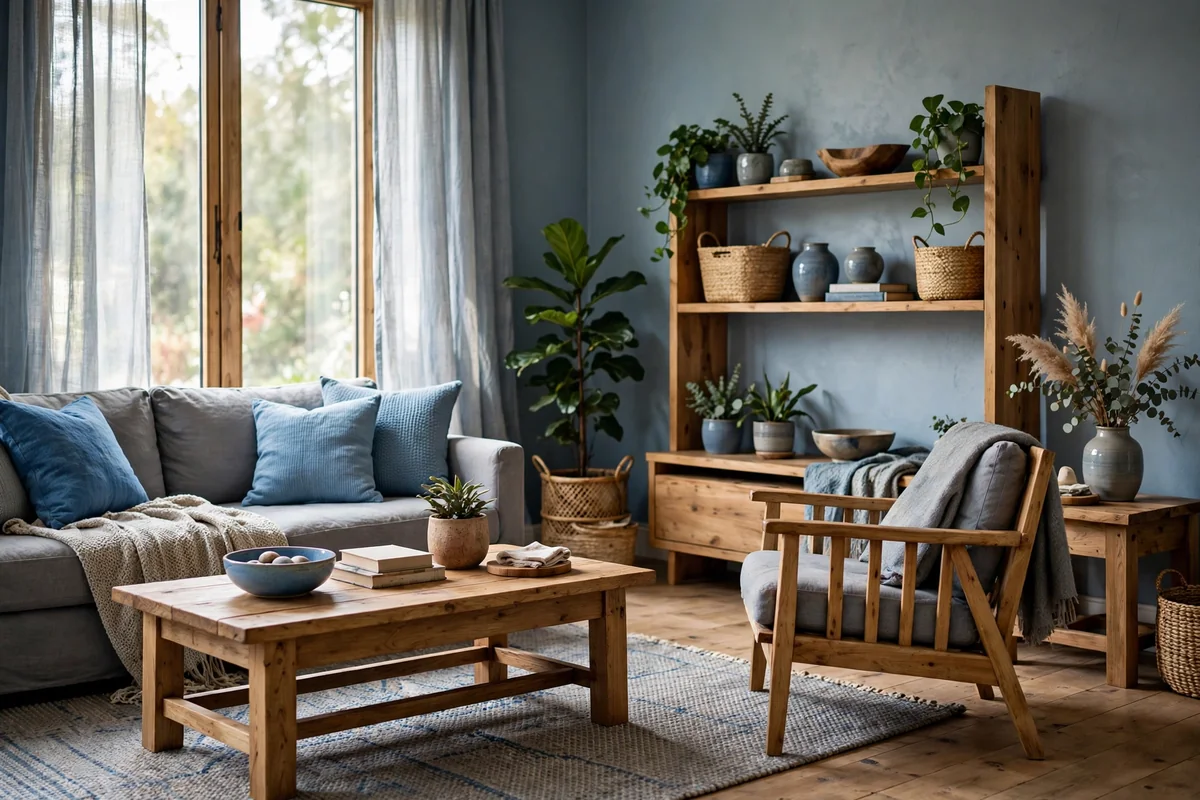 Blue and grey living room with natural wooden furniture for warmth
