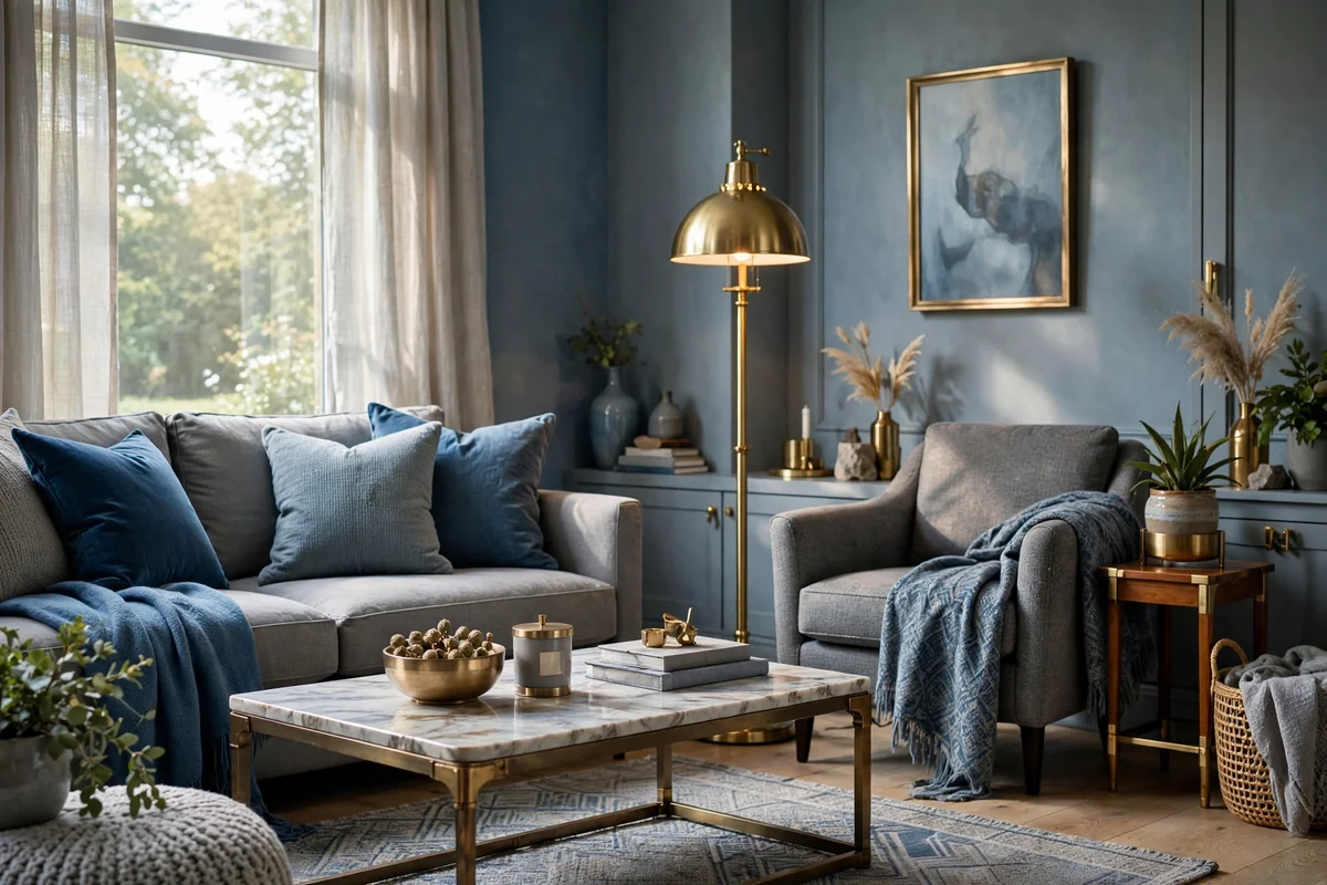 Blue and grey living room with brass lamp and warm metallic accents