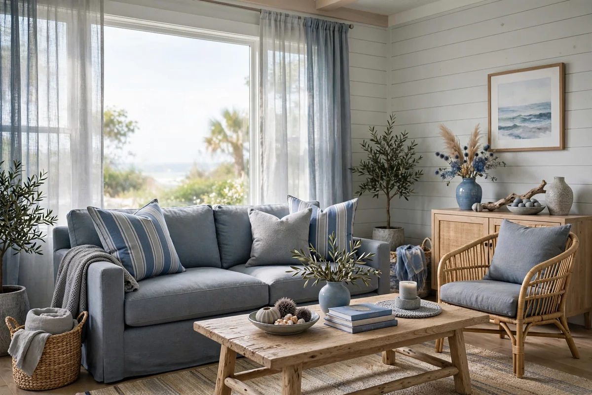 Coastal style living room in blue and grey with striped pillows