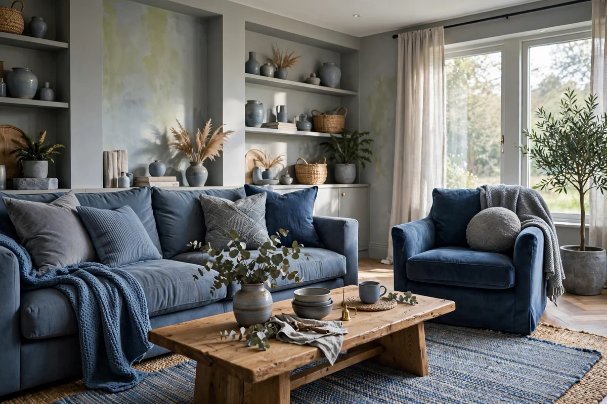 Comfortable blue and grey living room with deep cozy seating
