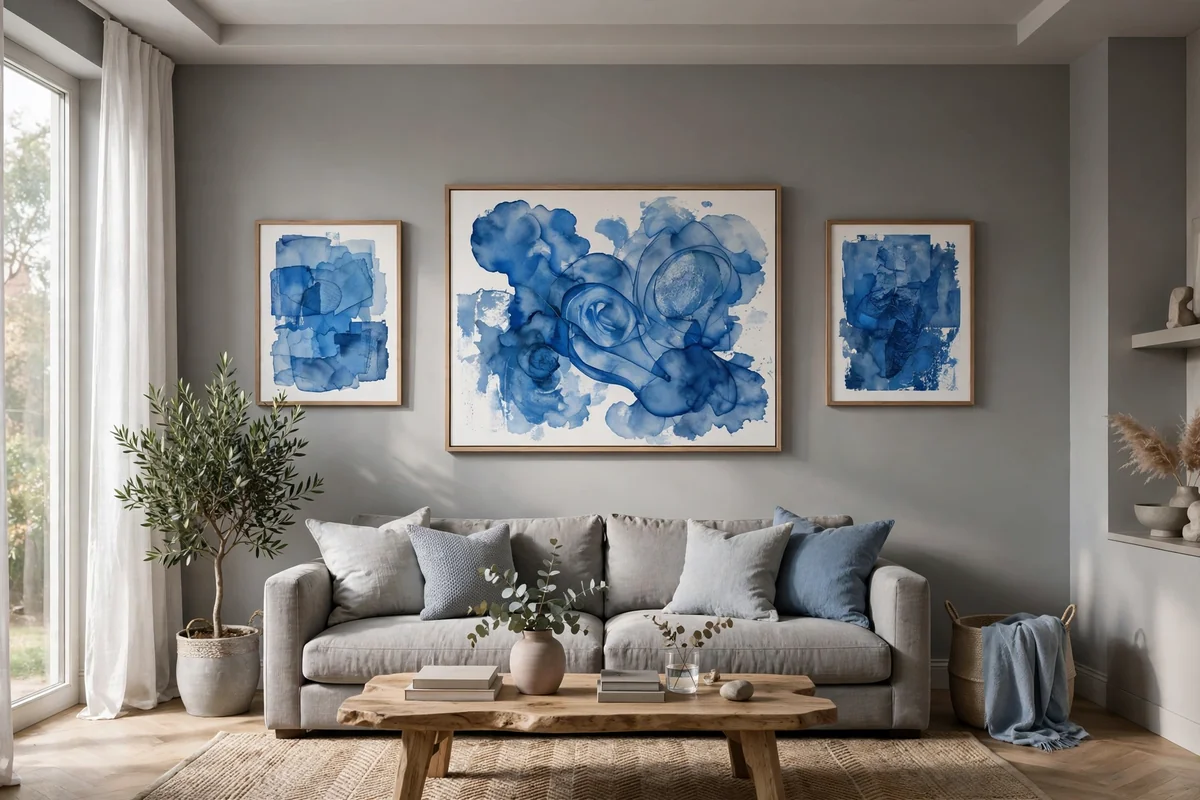 Blue artwork hanging on grey living room walls, gallery style