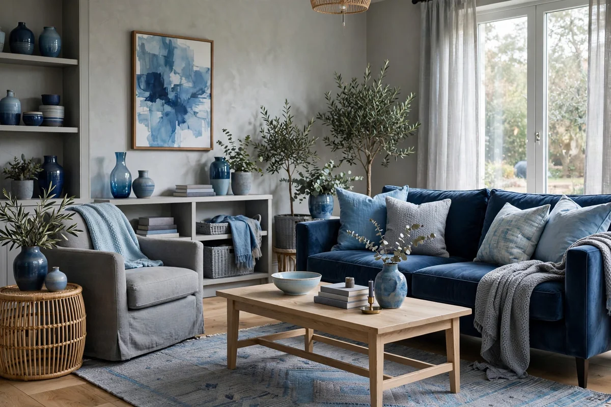 Living room layering tonal blues from navy to sky with grey