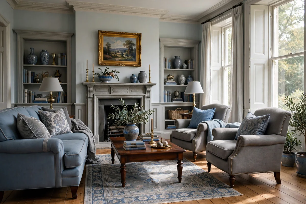 Classic style living room with blue and grey traditional furniture