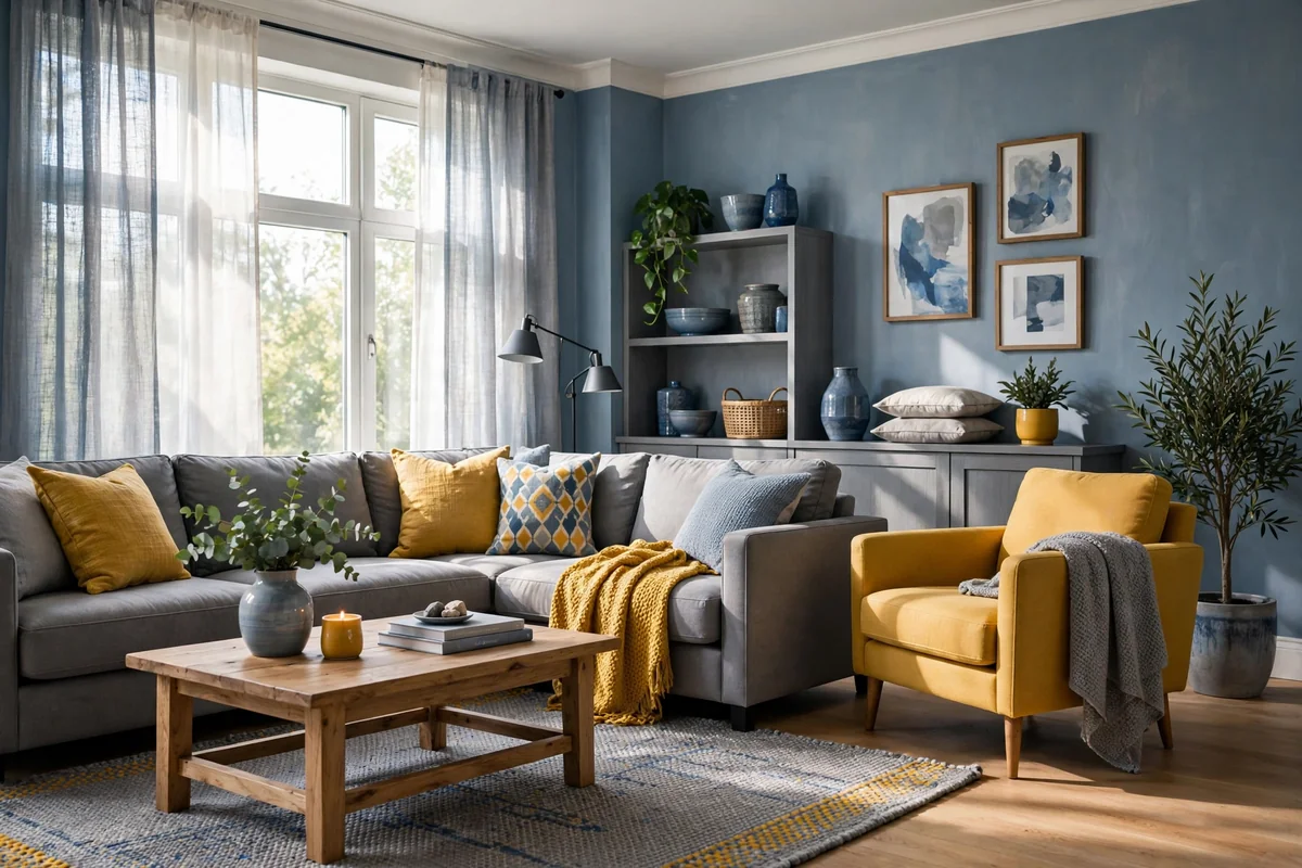 Blue and grey living room with warm mustard yellow accent touches